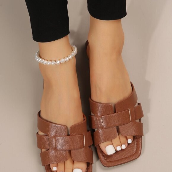 Brown Elegant Women's Snakeskin Embossed Cut Out Slide Sandals - Picture 2 of 7